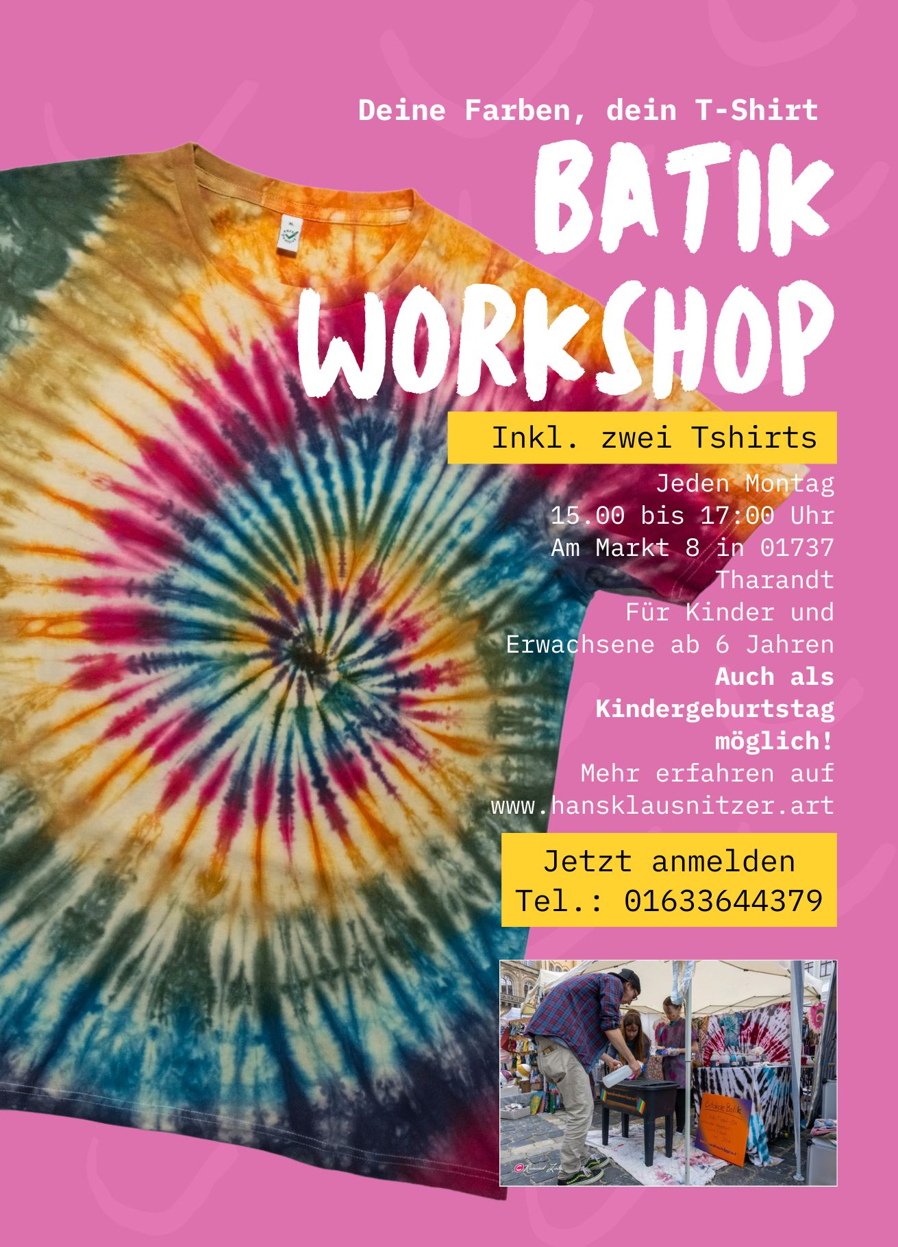 Flyer mit Batik Tshirt für Batik Workshop in Tharandt